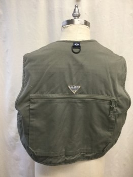 Mens, Wilderness Vest, COLUMBIA, Dk Olive Grn, Cotton, Polyester, Solid, 2XL, Zip Front, V-neck, Lots of Pockets, 1 Large Back Zip Pocket,  1 Yellow Lure Attached to Pocket, 1 Shearling Patch, Hunting and Fishing