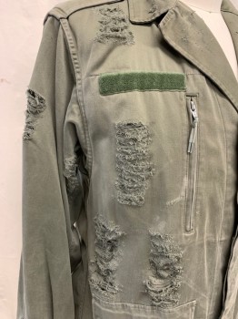 Mens, Casual Jacket, N/L, Dk Olive Grn, Cotton, Solid, L, Button Front, Hidden Placket, 4 Pockets, Collar Attached, 2 Velcro Patches for Army Patches, Long Sleeves, Snap Cuff, Elastic Waist, Aged/Distressed, Button Epaulets