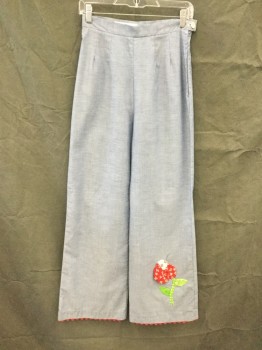 Womens, 1970s Vintage, Piece 2, CATHERINE CARR, Denim Blue, Red, Green, White, Polyester, Cotton, Solid, 26/31, Chambray Wide Leg Pants, Red Rick Rack Trim, Patterned Fabric Attached Flower Near Hem, Side Zip, Darts