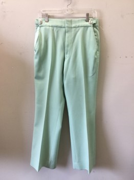 Mens, 1970s Vintage, Formal Pants, AFTER SIX, Mint Green, Polyester, Solid, 32, 32/8, Flat Front, Mint Satin Side Stripe, 4 Pockets, Adjusting Waist