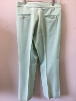 Mens, 1970s Vintage, Formal Pants, AFTER SIX, Mint Green, Polyester, Solid, 32, 32/8, Flat Front, Mint Satin Side Stripe, 4 Pockets, Adjusting Waist