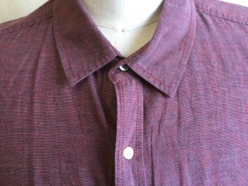 LIFE AFTER DENIM, Heather Gray, Red, Cotton, Linen, 2 Color Weave, Heathered, Collar Attached, Button Front, 1 Pocket, Short Sleeves, Curved Hem, Has Side Darts