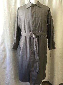 Mens, Coat, Trenchcoat, NO LABEL, Gray, Synthetic, Solid, 46, Button Front, Collar Attached, Belt
