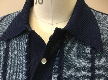 ANTONIO BASSO, Navy Blue, Lt Blue, Polyester, Stripes, Solid, Knit, Solid Navy Long Sleeves and Back, Front is Light Blue Speckled Ribbed Knit with Vertical Stripes, and Squares Across Chest, Rib Knit Collar Attached, 2 Button Placket,