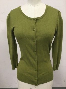 Womens, Sweater, HALOGEN, Pea Green, Rayon, Nylon, Solid, XS, Button Front, Scoop Neck, Ribbed Knit Collar/Cuff/Waistband, 3/4 Sleeve, Sleeve Gathered at Shoulder
