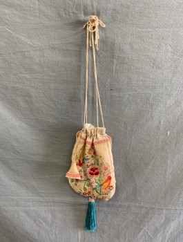 N/L, Cream, Pink, Green, Orange, Yellow, Silk, Floral, Dainty Reticule with Birds and Flowers, Original Embroidered Piece Aged with Small Hole Attached to New Silk for Drawstring, New Lining,