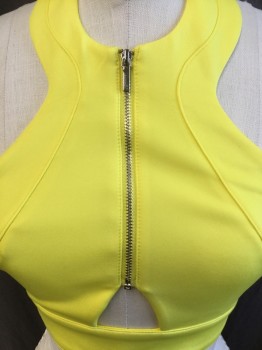 Womens, Top, BEBE, Neon Yellow, Polyester, Spandex, Solid, XS, Cropped Halter Top, Zip Front with Triangle Cut-out Bottom,  Short Zip Back