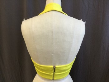 Womens, Top, BEBE, Neon Yellow, Polyester, Spandex, Solid, XS, Cropped Halter Top, Zip Front with Triangle Cut-out Bottom,  Short Zip Back