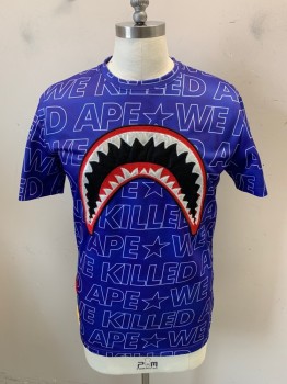 Mens, Casual Shirt, HUDSON, Blue, White, Red, Black, Yellow, Polyester, Text, Graphic, M, Short Sleeves, Crew Neck, Embroiderred Patches of Shark Teeth and Text