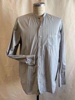 MTO/VENICE CUSTOM, Blue-Gray, Ochre Brown-Yellow, Cotton, Stripes, Button Front, Solid Blue/Gray Band Collar, 1 Pocket, Long Sleeves, French Cuff with Button Holes for Cufflinks, Aged, Multiple,