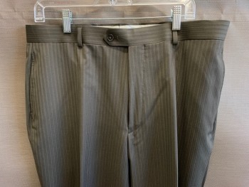 Mens, Suit, Pants, WILK-RODRIGUEZ, Dusty Brown, Tan Brown, Wool, Polyester, Stripes, OPEN, 36/, F.F, Belt Loops, Button Tab,