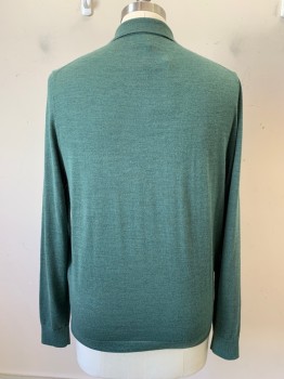 Mens, Polo, Nordstrom, Jade Green, Polyester, Wool, Heathered, L, L/S, C.A., 3 Buttons, Pullover