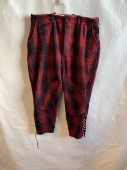 Mens, Pants, FIELD MASTER, Red, Black, Wool, Plaid, 36, Breeches, Side Pockets, Button Front, 2 Welt Pockets, Lace Up on Side Hem
