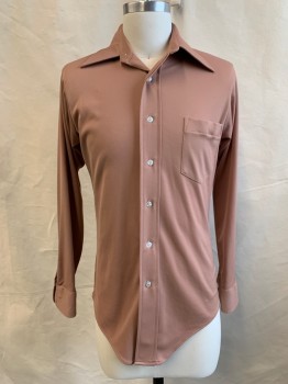 Mens, Shirt, VAN HEUSEN, Dusty Brown, Polyester, Solid, 15/33, Button Front, Pointy Collar Attached, Long Sleeves,  1 Pocket