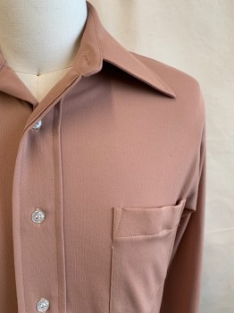 VAN HEUSEN, Dusty Brown, Polyester, Solid, Button Front, Pointy Collar Attached, Long Sleeves,  1 Pocket