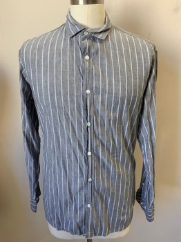 Mens, Casual Shirt, BANANA REPUBLIC, Lt Gray, White, Cotton, Linen, Stripes - Vertical , L, Long Sleeves, Button Front, Wide Spread Collar