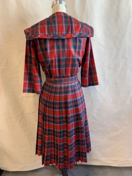 MTO, Red, Dk Teal, Navy Blue, White, Cotton, Plaid, Short Sleeves, Sailor Collar, Tie at Neck, V-neck, Pleated Skirt, Hidden Half Placket, 3 Buttons, Matching Belt