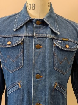 Mens, Jean Jacket, WRANGLER, Denim Blue, Cotton, Solid, C40, L/S, B.F., Collar Attached, Chest And Slant Pockets
