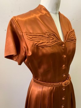 Womens, 1940s Vintage, Piece 1, N/L, Rust Orange, Silk, Solid, W:26, B:36, Cocktail Dress, Satin, S/S, Narrow V-Neck with Trapunto Quilted Leaves Across Bust, Shirtwaist with Self Fabric Buttons, A-Line Skirt with Double Pleats at Waist, Knee Length, with Matching Belt (CF033447)