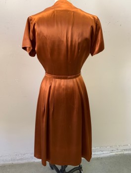 Womens, 1940s Vintage, Piece 1, N/L, Rust Orange, Silk, Solid, W:26, B:36, Cocktail Dress, Satin, S/S, Narrow V-Neck with Trapunto Quilted Leaves Across Bust, Shirtwaist with Self Fabric Buttons, A-Line Skirt with Double Pleats at Waist, Knee Length, with Matching Belt (CF033447)