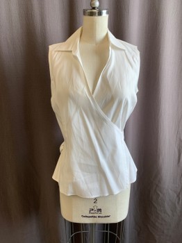 Womens, Top, BROOKS BROTHERS, White, Cotton, Synthetic, Solid, 2, C.A., V-N, Wrap Style, Slvls,