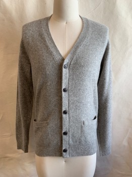 Mens, Cardigan Sweater, UNIQLO, Gray, Wool, S, V-N, Single Breasted, Button Front, 5 Buttons, 2 Pockets, Ribbed Cuffs & Waist