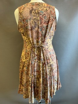 Womens, Dress, STARINA, Beige, Brown, Rust Orange, Blue, Rayon, Floral, L, Sleeveless, Scoop Neck, 3 Buttons, Back Tie