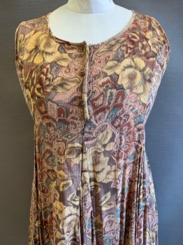STARINA, Beige, Brown, Rust Orange, Blue, Rayon, Floral, Sleeveless, Scoop Neck, 3 Buttons, Back Tie