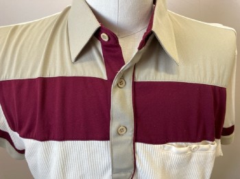 Mens, Polo Shirt, CLASSICS, L, Cream with Khaki & Burgundy H-stripe Across Chest, S/S, Polyester Cotton