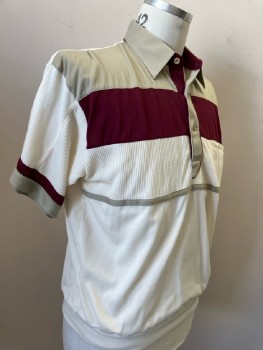 Mens, Polo Shirt, CLASSICS, L, Cream with Khaki & Burgundy H-stripe Across Chest, S/S, Polyester Cotton