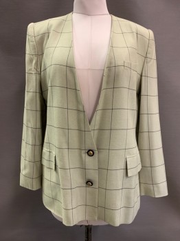 Womens, 1990s Vintage, Piece 1, LE SUIT, Beige, Black, Viscose, Rayon, Grid , B40, 12, W30, Blazer, Single Breasted, V-N, 2 Buttons, No Collar, 2 Flap Pocket, Shoulder Pads, Black And Gold Buttons