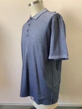 NORDSTROM, Navy Blue, White, Cotton, Spandex, Heathered, S/S, Collar Attached, 3 Buttons,