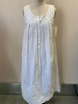 Womens, Nightgown, EILEEN WEST, White, Cotton, Solid, S, Multiples, Slvls, Button Placket, Knife Pleated Yoke with Floral Lace Trim & Detail,