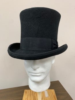 Mens, Top Hat, SCALA, Black, Wool, Solid, 7, "Mad Hatter" , 1.5" Black Gross Grain Ribbon Hat Band