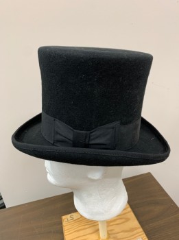 Mens, Top Hat, SCALA, Black, Wool, Solid, 7, "Mad Hatter" , 1.5" Black Gross Grain Ribbon Hat Band