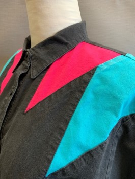 CHEYENNE OUTFITTERS, Black, Fuchsia Pink, Turquoise Blue, Cotton, Solid, Color Blocking, Triangular Colorful Panels at Shoulders, Long Sleeves, Button Front, Collar Attached, Padded Shoulders