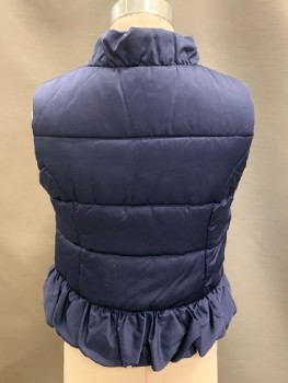 LILY PULITZER, Navy Blue, Nylon, Puffer, Mandarin Collar, Zip Front, Bow At Center Front, Ruffle Peplum, Small Stain At Back