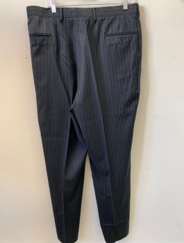Mens, 1990s Vintage, Suit, Pants, CLAIBORNE, Charcoal Gray, Gray, Wool, Acetate, Stripes - Chalk , 36/34, Double Pleat