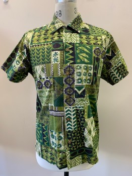Mens, Shirt, SUN FASHIONS, Green, Emerald Green, Beige, Dk Brown, Polyester, Cotton, Hawaiian Print, L, S/S, B.F., C.A., Chest Pocket,