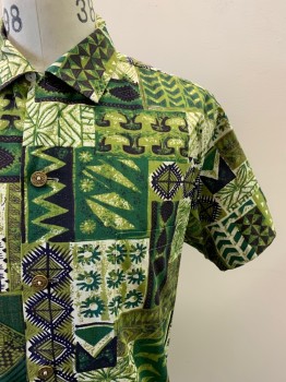 Mens, Shirt, SUN FASHIONS, Green, Emerald Green, Beige, Dk Brown, Polyester, Cotton, Hawaiian Print, L, S/S, B.F., C.A., Chest Pocket,