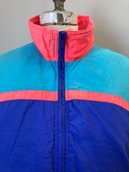 Womens, Jacket, G-4000, Turquoise Blue, Blue, Neon Pink, Polyester, Color Blocking, B: 40, Windbreaker, High Neck, Zip Front, L/S, Slant Pockets,