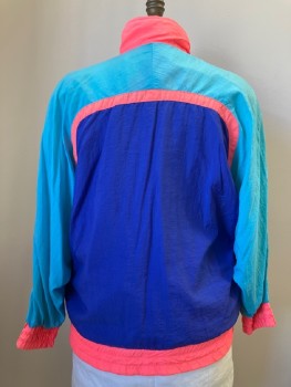 Womens, Jacket, G-4000, Turquoise Blue, Blue, Neon Pink, Polyester, Color Blocking, B: 40, Windbreaker, High Neck, Zip Front, L/S, Slant Pockets,