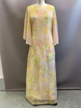 Womens, Evening Gown, Carol & Mary, Beige, Yellow, Lime Green, Polyester, Floral, 6, Sheer Sleeves with Slit, Crew Neck, Straight Fit, Back Zipper,