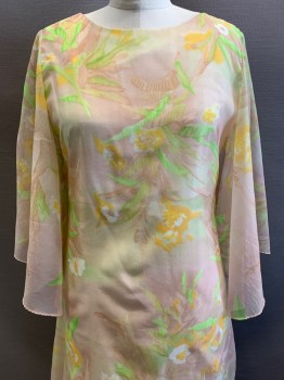 Carol & Mary, Beige, Yellow, Lime Green, Polyester, Floral, Sheer Sleeves with Slit, Crew Neck, Straight Fit, Back Zipper,
