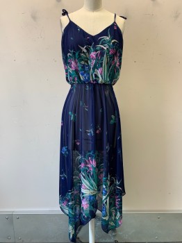 NO LABEL, Navy Blue, Green, Magenta Purple, Beige, Blue, Polyester, Floral, Spaghetti Strap with Ties, V Neck, Elastic Waist Band, Sheer, Back Zipper,