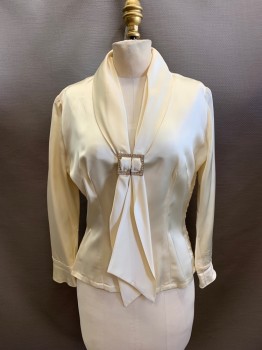 CASINO BY KEN BAR, Cream, Silk, V-neck, Neck Tie Attached, Silver Buckle with Rhinestones at Center, Long Sleeves, Side Zip, Pleated Back