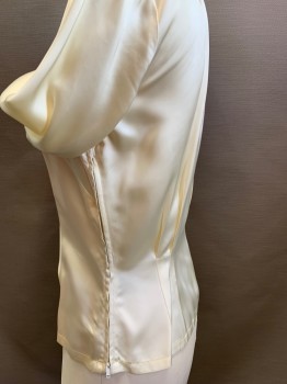 Womens, Blouse, CASINO BY KEN BAR, Cream, Silk, XS, V-neck, Neck Tie Attached, Silver Buckle with Rhinestones at Center, Long Sleeves, Side Zip, Pleated Back
