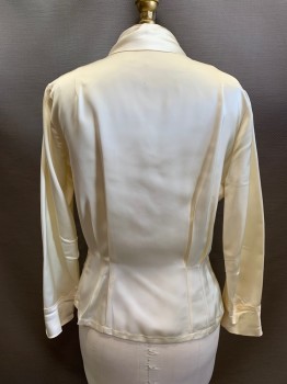 Womens, Blouse, CASINO BY KEN BAR, Cream, Silk, XS, V-neck, Neck Tie Attached, Silver Buckle with Rhinestones at Center, Long Sleeves, Side Zip, Pleated Back