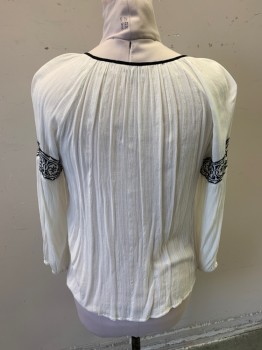 LUCKY BRAND, White, Black, Viscose, Gauze, L/S, Keyhole, Corded Tassels, Black Embroidered Abstract Patten
