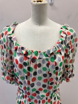 N/L, Cream, Multi-color, Silk, Polka Dots, Scoop Neck,   3/4 Puff Slv, Pleated At Skirt With Gathered Flounce Hem, CB Zip And Small Snaps,
